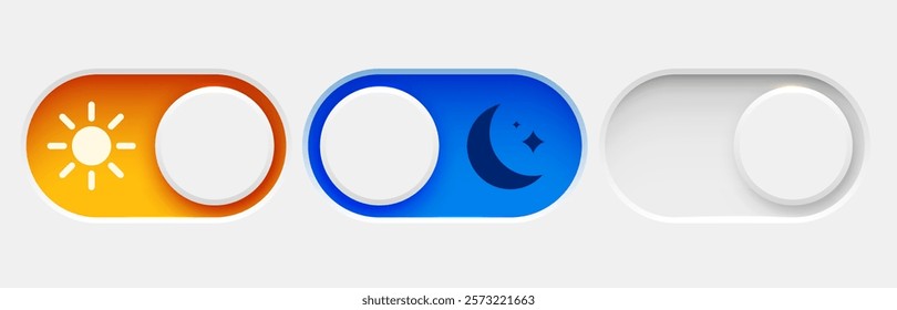 On and Off toggle switch buttons.  Dark mode and light mode. Material design switch set. Day and night mode switch button. Vector illustration.