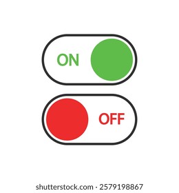 On and Off Toggle Switch Buttons, Green and Red on White Background, Vector illustration.