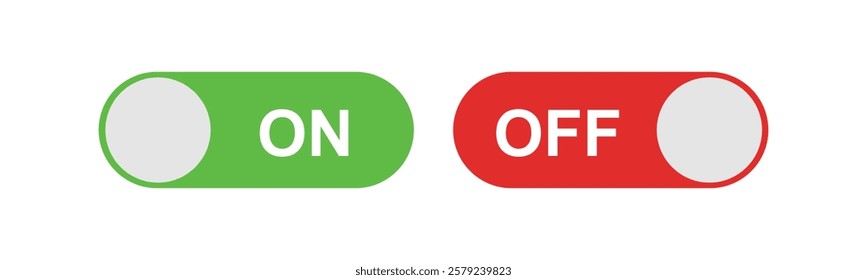 On and Off Toggle Switch Buttons, Green and Red on White Background, Vector illustration.