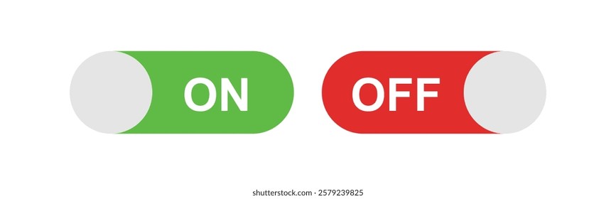 On and Off Toggle Switch Buttons, Green and Red on White Background, Vector illustration.