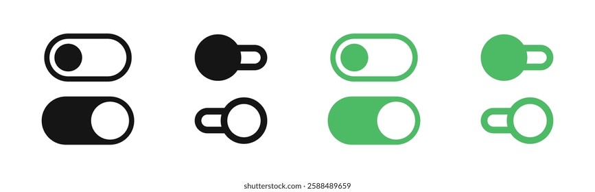 On and Off toggle switch buttons. Switch toggle buttons ON OFF. Switch buttons set. Toggle vector illustration. Switch button elements