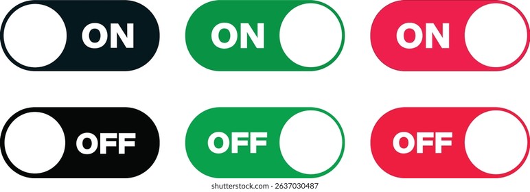 On and Off toggle switch buttons. Switch toggle button. On and off power button. Black switch button, switch buttons set symbol,
