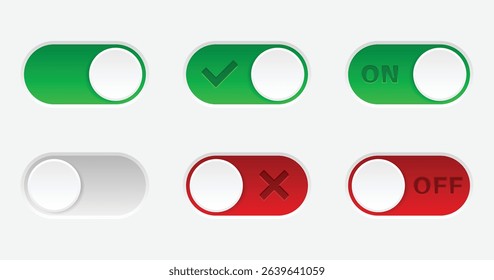On and Off toggle switch buttons. Switch toggle buttons ON OFF. 3d Material design switch buttons set. Vector illustration.