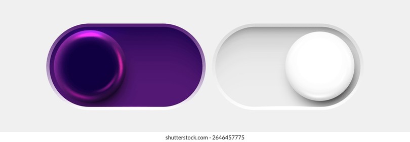 Botões de alternância Ligar e Desligar. Modo escuro e modo claro. Conjunto de interruptores de design de material. Botão de alternância do modo Dia e Noite. Ilustração vetorial.