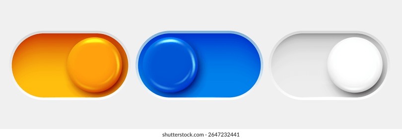 On and Off toggle switch buttons. Dark mode and light mode. Material design switch set. Day and night mode switch button. Vector illustration.
