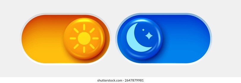 Botões de alternância Ligar e Desligar. Modo escuro e modo claro. Conjunto de interruptores de design de material. Botão de alternância do modo Dia e Noite. Ilustração vetorial.