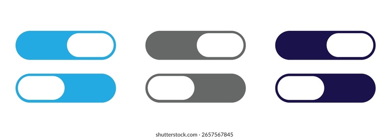 On and off toggle switch buttons in material design. A set of modern switch buttons for UI elements, apps, and websites. Clean and minimal vector illustration.