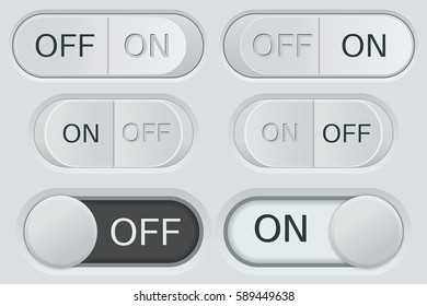 ON and OFF toggle switch buttons. Black and white web icons on gray plastic interface. Vector 3d illustration 