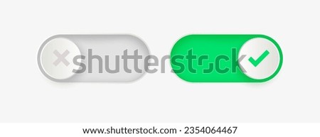 On Off toggle switch buttons, checkmark icons yes or no with switch slider in modern toggle, green tick and red cross symbols for user interface, apps and website