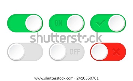 On and Off toggle switch buttons. Open and close button icons. UI Switch buttons set. Vector illustration