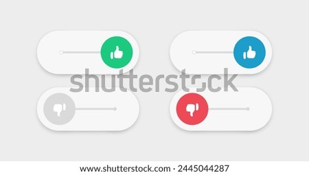 On and Off toggle switch buttons with like icon, dislike symbol - yes and no icons with blue thumbs up, red thumbs down and blue like button	
