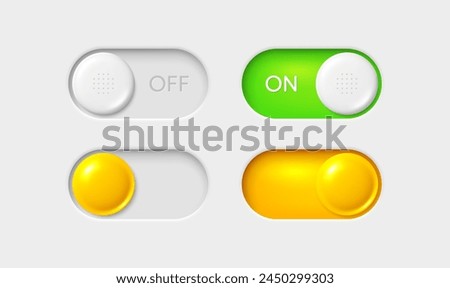 On and Off toggle switch buttons. Slider switch buttons set. Mobile app interface design. Toggle mode green and yellow buttons. Interface with active slide control. Vector illustration