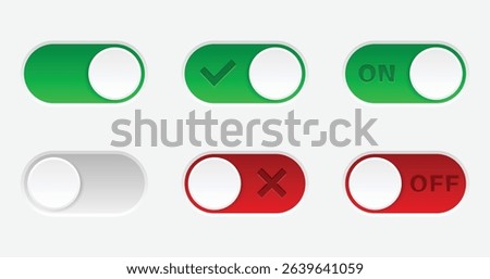 On and Off toggle switch buttons. Switch toggle buttons ON OFF. 3d Material design switch buttons set. Vector illustration.