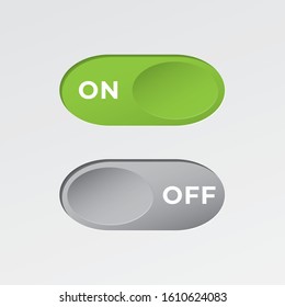 On And Off Toggle Switch Ellipse Shape Debossed Buttons With Lettering Modern Devices User Interface Mockup Or Template - Green And Grey On White Background - Vector Gradient Graphic  Design