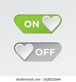 On and Off Toggle Switch Heart Shape Love Symbol Buttons with Lettering Modern Devices User Interface Mockup or Template - Green and Grey on White Background - Vector Gradient Graphic Design