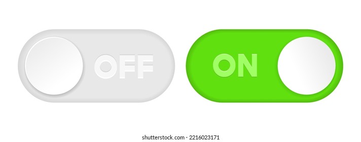 On and Off toggle switch icons. Switch toggle buttons ON OFF. Material design switch buttons set. Open and close ui icons. Active and Inactive icon. Stock Vector.