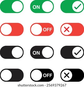 On and Off toggle switch icons. Switch toggle buttons ON OFF. Material design switch buttons set. Open and close ui icons. Active and Inactive icon