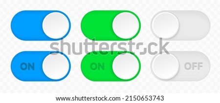 On and Off toggle switch icons. Switch toggle buttons ON OFF. Material design switch buttons set. Open and close ui icons. Active and Inactive icon. Stock Vector.