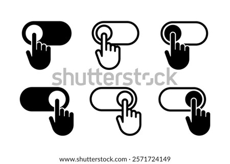 On and Off toggle switch icons. Switch toggle buttons ON OFF. Open and close ui icons. Active and Inactive icon.