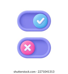 On Off toggle switch interface buttons. Tick check mark and cross mark symbols. 3d vector icon. Cartoon minimal style. svg