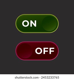 On and Off Toggle Switch Round Debossed Buttons with Lettering and Glow Modern Devices User Interface Mockup or Template - Green and Red on Black Background - Vector Gradient Graphic Design
