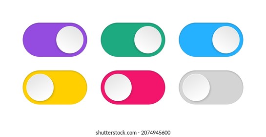 On and Off Toggle Switch. Slider buttons to turn on and off. Colored modern toggle switches for user interface on a device. Power control switch for smartphone. Vector illustration.