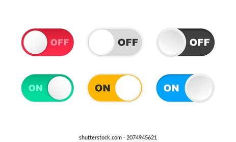 On and Off Toggle Switch. Slider buttons to turn on and off. Colored modern toggle switches for user interface on a device. Power control switch for smartphone. Vector illustration.