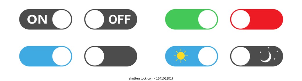 On and off toggle switcher. Isolated power slider in green and red. Day and night pictogram. Active and inactive symbol. Turn on slider on white background. Push toggle set. Vector EPS 10