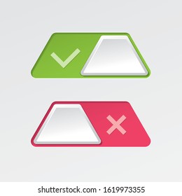 On and Off Trapezoid Toggle Switch Buttons with Check Marks Modern Devices User Interface Mockup or Template - Green and Red on White Background - Vector Gradient Graphic  Design