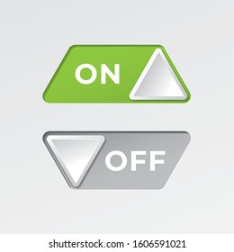 On and Off Triangle Shape Toggle Switch Buttons Set with Lettering Modern Devices User Interface Mockup or Template - Green and Grey on White Background - Vector Gradient Graphic  Design