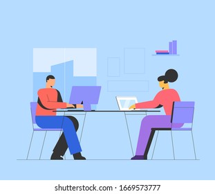 On the office concept illustration. Group of office workers sitting at desks and communicating or talking to each other. Flat cartoon colorful vector illustration.