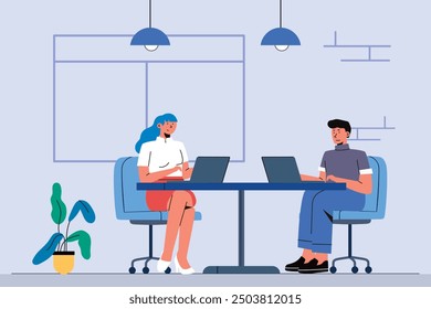 On the office concept illustration. Group of office workers sitting at desks and communicating or talking to each other. Flat cartoon colorful vector illustration.