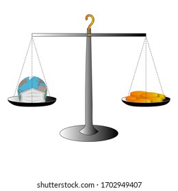 On one side of the scale is the Earth in a medical mask, on the other gold coins. The difficult choice between total quarantine and preserving the economy in the face of a pandemic.