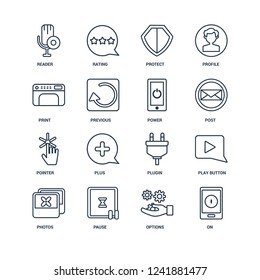 On, Options, Pause, Photos, Play Button, Reader, Print, Pointer, Power outline vector icons from 16 set