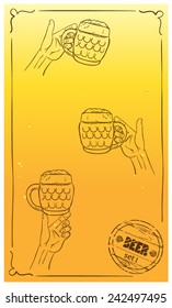 on an orange background set of three glasses of beer , holding hands