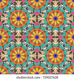 On orange, blue and yellow colors. Vector illustration. Indian ornament. Seamless pattern. Colorful ornamental border. Floral wallpaper.