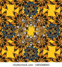On orange, brown and yellow colors. Seamless pattern in vintage style with bouquets of flowers. Vector illustration.