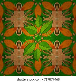 On orange, green and brown colors. Vector illustration. Flower. Seamless decorative background, flower mandala.