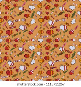 On orange, red and neutral colors. Colorful seamless pattern with candy abstract geometric style. Trendy vector background.