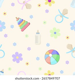 Auf hellgelbem Hintergrund ist ein Muster aus Kinderobjekten zu sehen: Flaschen, Brustwarzen, Spielzeug und ein bunter Ball mit Blumen dekoriert. Es ist ideal für die Dekoration von Kinderzimmern.