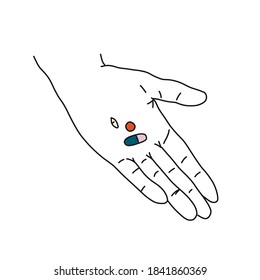 On the palm are multi-colored capsules, a sketch. Woman holding medicines in her hand, vector illustration