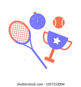 On a pattern background sports objects: tennis racket, stopwatch, ball, winner's cup. Vector illustration.