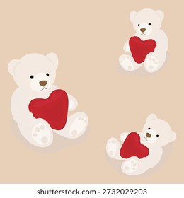 On a peach background, three light beige bears with red hearts, two sitting and one fallen