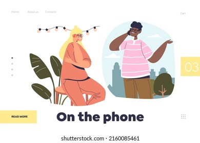 On the phone concept of landing page with young couple have cellphone call. Man and woman communicating on mobile phone. Cellphone conversation communication concept. Cartoon flat vector illustration