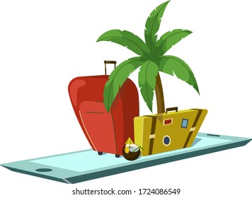 On the phone are a red and yellow suitcases, a palm tree and a coctail in a coconut