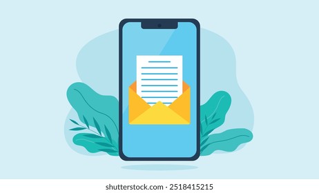 On the phone screen there is an open email envelope with a document. Modern phone. Behind the phone in the background are plants. Vector graphics in flat design style.