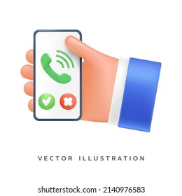 С todo en el teléfono en la mano del usuario, estilo 3d para el diseño gráfico. Mano con teléfono en estilo de historietas de dibujos vectoriales.