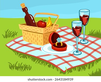 On a picnic blanket is an engagement ring. Vector conceptual illustration. Hand drawing, not AI.