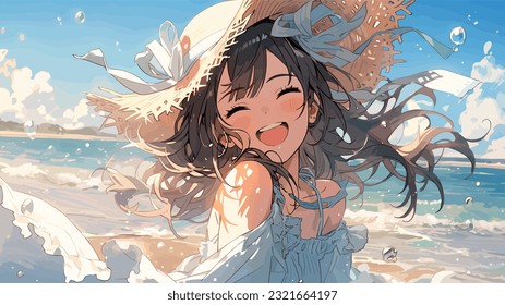 On a picturesque beach, an energetic and free spirited anime character enjoys a carefree day