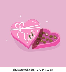 Sobre un fondo rosa, una caja de regalo con chocolates en forma de corazón. Concepto para el 8 de marzo, Día de San Valentín, Día de la Boda y Día de la Familia